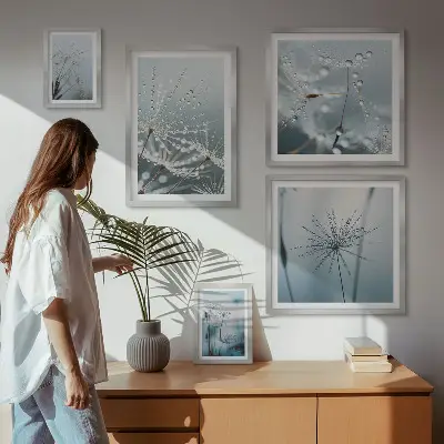 Set de 5 cuadros para salón con diseño de gotas de agua sobre las plantas