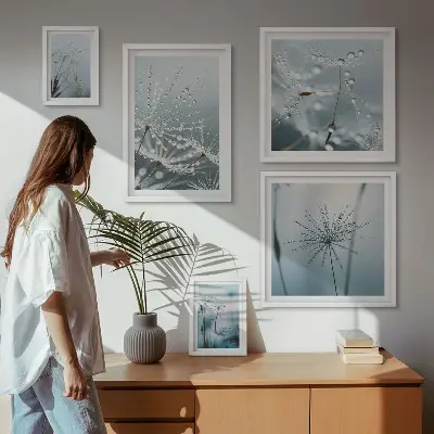 Set de 5 cuadros para salón con diseño de gotas de agua sobre las plantas