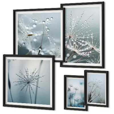 Set de 5 cuadros para salón con diseño de gotas de agua sobre las plantas