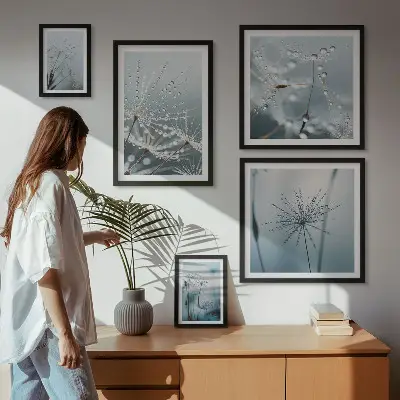 Set de 5 cuadros para salón con diseño de gotas de agua sobre las plantas