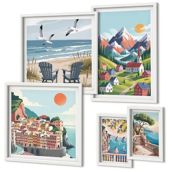 Set de 5 cuadros para salón con paisajes retro de montaña y mar