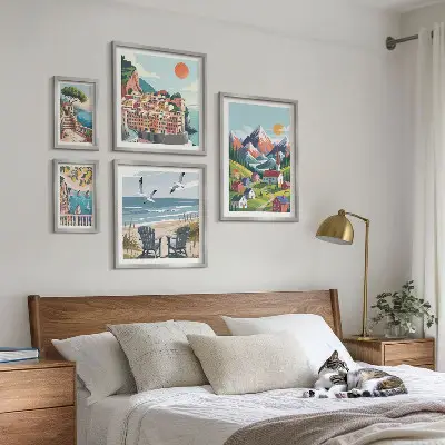 Set de 5 cuadros para salón con paisajes retro de montaña y mar