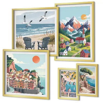 Set de 5 cuadros para salón con paisajes retro de montaña y mar