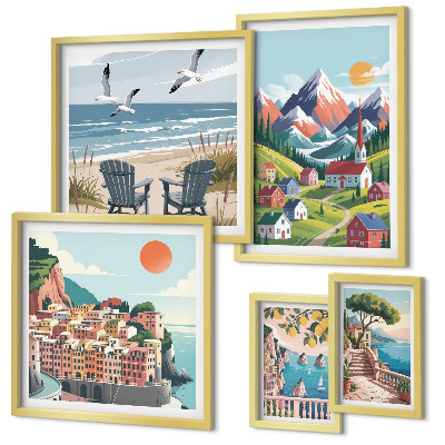 Set de 5 cuadros para salón Paisajes retro de montaña y mar