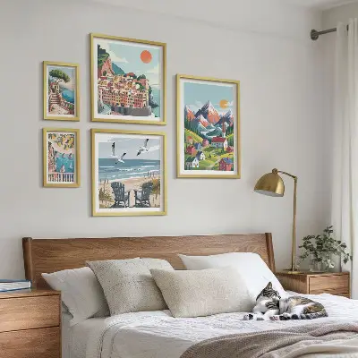 Set de 5 cuadros para salón con paisajes retro de montaña y mar