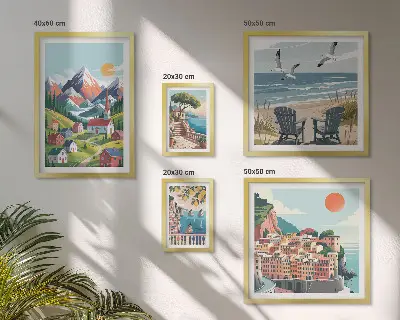 Set de 5 cuadros para salón con paisajes retro de montaña y mar