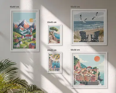 Set de 5 cuadros para salón con paisajes retro de montaña y mar