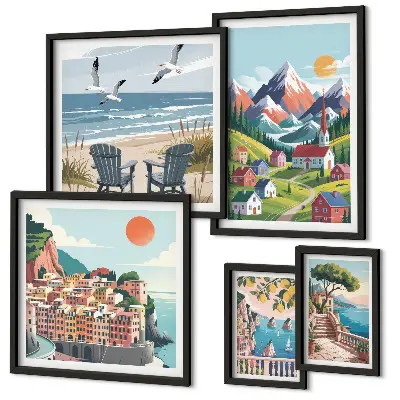 Set de 5 cuadros para salón con paisajes retro de montaña y mar