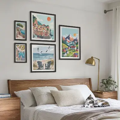 Set de 5 cuadros para salón con paisajes retro de montaña y mar