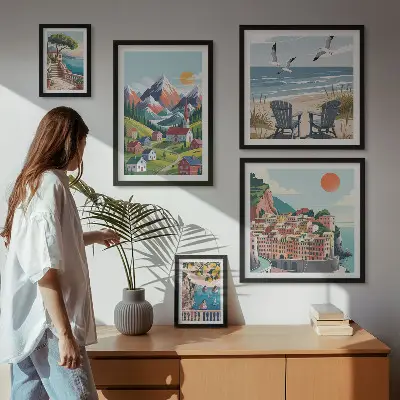 Set de 5 cuadros para salón con paisajes retro de montaña y mar