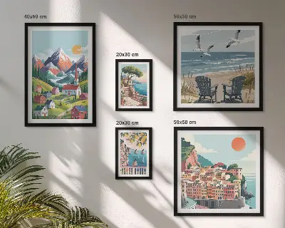 Set de 5 cuadros para salón con paisajes retro de montaña y mar