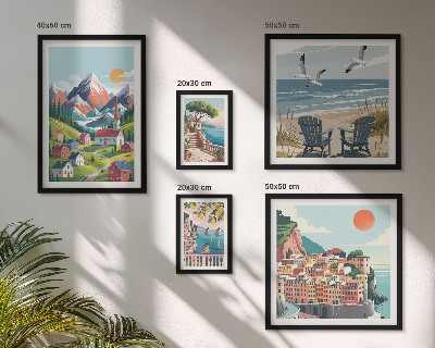 Set de 5 cuadros para salón Paisajes retro de montaña y mar