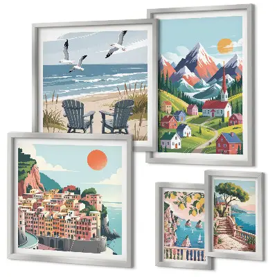 Set de 5 cuadros para salón con paisajes retro de montaña y mar