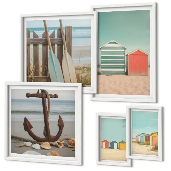 Conjunto de cuadros decorativos con diseño de casas de playa junto al mar
