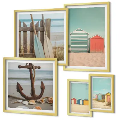 Conjunto de cuadros decorativos con diseño de casas de playa junto al mar