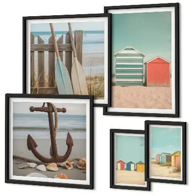 Conjunto de cuadros decorativos con diseño de casas de playa junto al mar