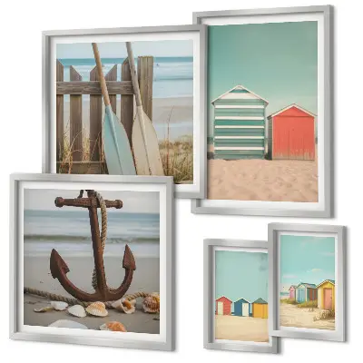 Conjunto de cuadros decorativos con diseño de casas de playa junto al mar