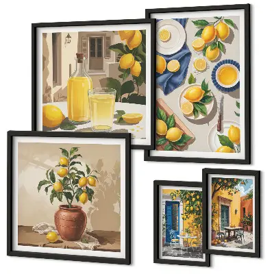 Set de 5 cuadros para salón con diseño mediterráneo de limones