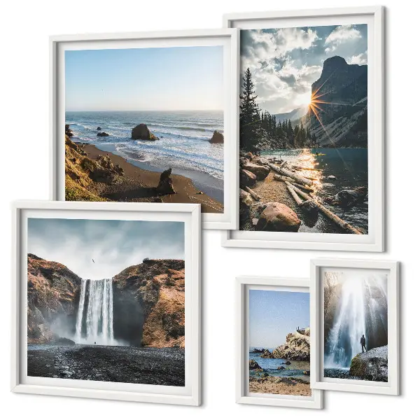 Pared galería de arte con paisajes, cascadas y playas