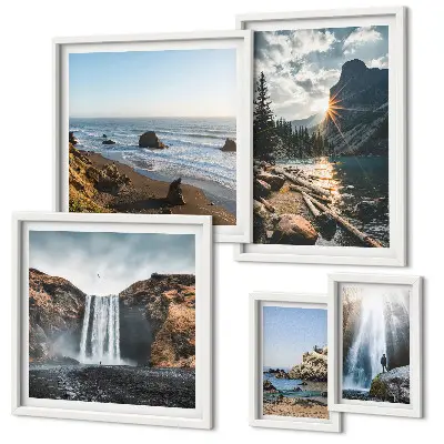 Pared galería de arte con paisajes, cascadas y playas