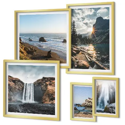 Pared galería de arte con paisajes, cascadas y playas