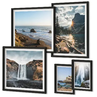 Pared galería de arte con paisajes, cascadas y playas