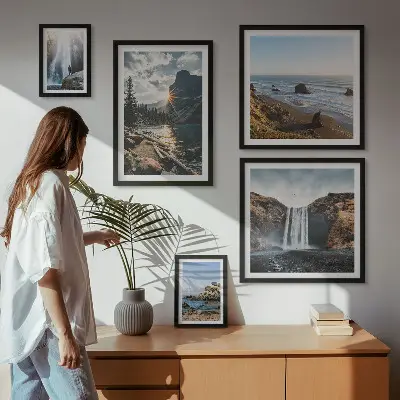 Pared galería de arte con paisajes, cascadas y playas