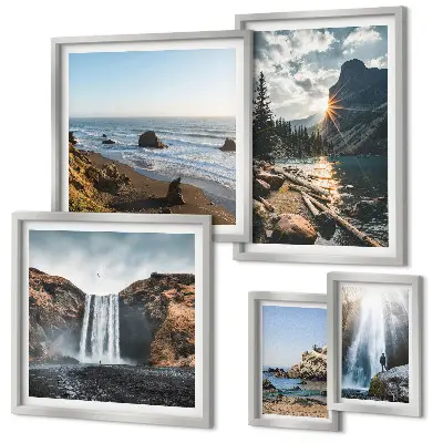 Pared galería de arte con paisajes, cascadas y playas