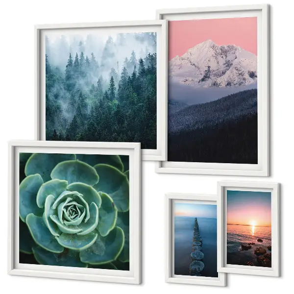 Conjunto de cuadros decorativos con diseño de paisajes de montañas y mar estilo boho