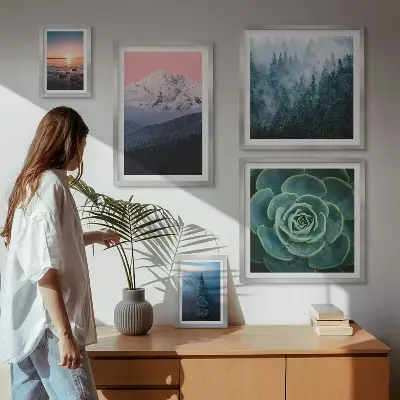Conjunto de cuadros decorativos con diseño de paisajes de montañas y mar estilo boho