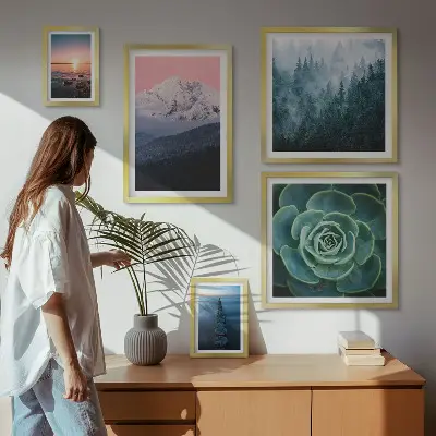 Conjunto de cuadros decorativos con diseño de paisajes de montañas y mar estilo boho