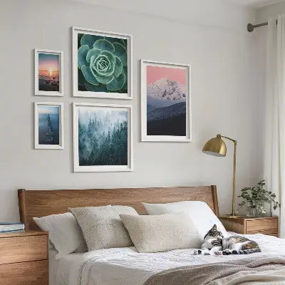 Conjunto de cuadros decorativos con diseño de paisajes de montañas y mar estilo boho