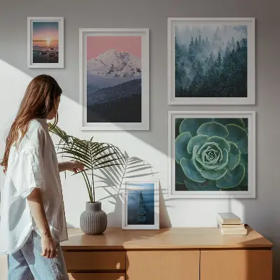 Conjunto de cuadros decorativos con diseño de paisajes de montañas y mar estilo boho