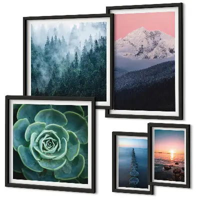 Conjunto de cuadros decorativos con diseño de paisajes de montañas y mar estilo boho