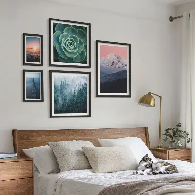 Conjunto de cuadros decorativos con diseño de paisajes de montañas y mar estilo boho