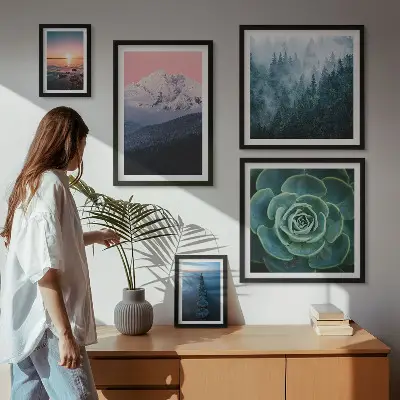 Conjunto de cuadros decorativos con diseño de paisajes de montañas y mar estilo boho