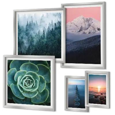 Conjunto de cuadros decorativos con diseño de paisajes de montañas y mar estilo boho