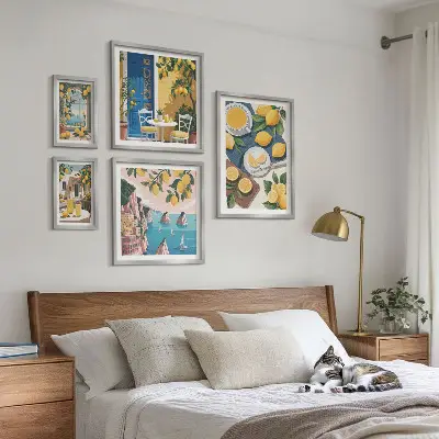 Set de 5 cuadros para salón diseño de frescura de limón con estilo bohemio veraniego