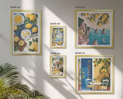 Set de 5 cuadros para salón diseño de frescura de limón con estilo bohemio veraniego