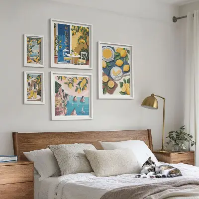 Set de 5 cuadros para salón diseño de frescura de limón con estilo bohemio veraniego