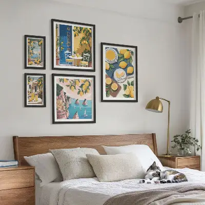 Set de 5 cuadros para salón diseño de frescura de limón con estilo bohemio veraniego