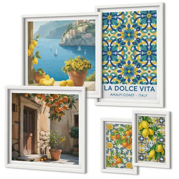 Set de 5 cuadros para salón con diseño de flores de cítricos de la Costa Amalfitana