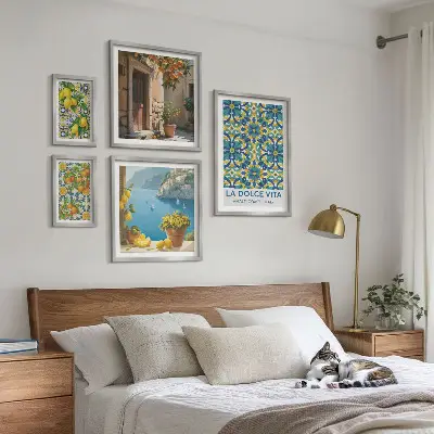 Set de 5 cuadros para salón con diseño de flores de cítricos de la Costa Amalfitana