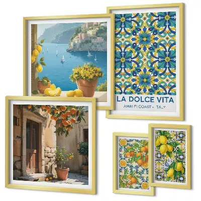 Set de 5 cuadros para salón con diseño de flores de cítricos de la Costa Amalfitana