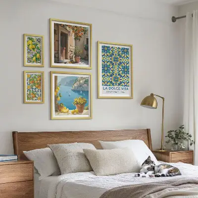 Set de 5 cuadros para salón con diseño de flores de cítricos de la Costa Amalfitana