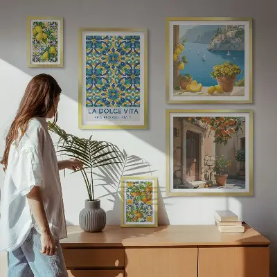 Set de 5 cuadros para salón con diseño de flores de cítricos de la Costa Amalfitana