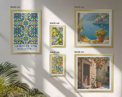 Set de 5 cuadros para salón con diseño de flores de cítricos de la Costa Amalfitana