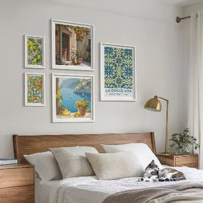 Set de 5 cuadros para salón con diseño de flores de cítricos de la Costa Amalfitana