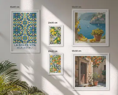 Set de 5 cuadros para salón con diseño de flores de cítricos de la Costa Amalfitana