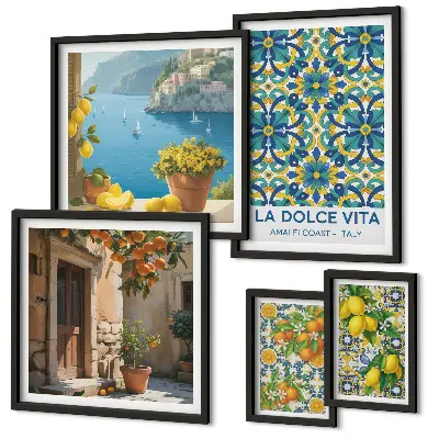 Set de 5 cuadros para salón con diseño de flores de cítricos de la Costa Amalfitana